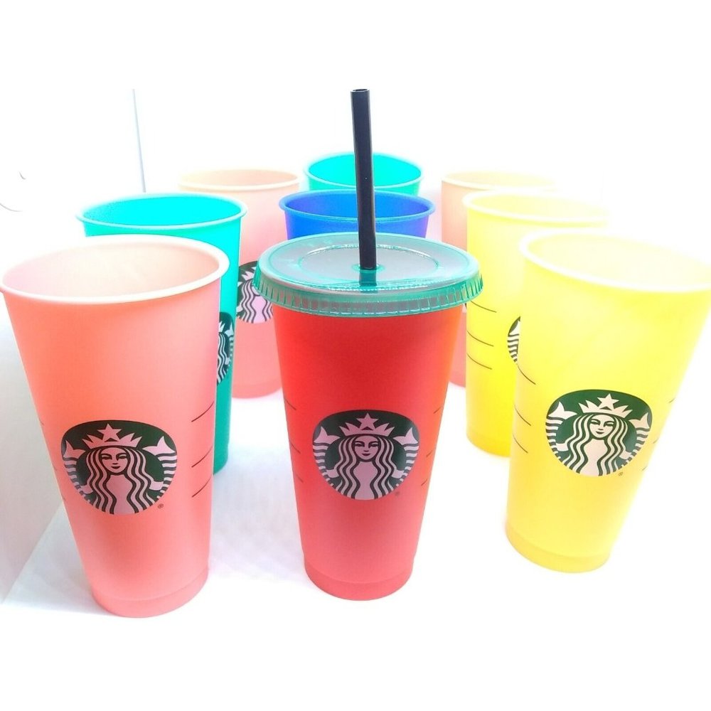 Starbucks Reusable Color Changing Cups Set Of 9 w/ ONLY 1 LID & Straw 2020 24fl